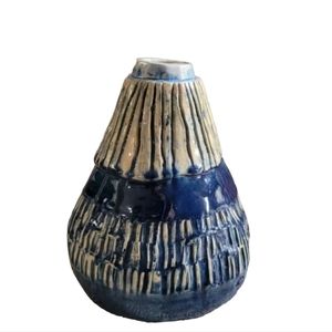 Signed textured studio pottery bud vase blue Heavy!